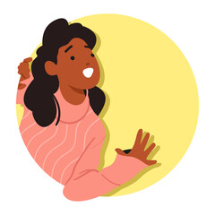 Black Girl Peeking Out Of Round Yellow Frame. Happy Smiling Child Look From The Hole, Kid Character Face Avatar, Icon