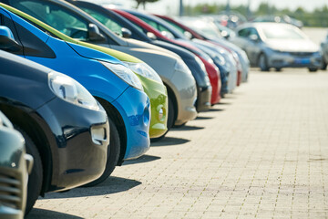 row of used cars. Rental or automobile sale services - 557999780