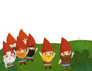 cartoon scene with dwarfs in the forest illustration