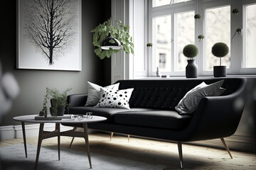 modern interior design. black sofa; Scandinavian furniture. Generative AI
