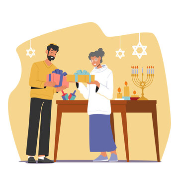 Family Characters Adult Man And Woman Exchange Gifts For Hanukkah Israeli Holiday Celebration Cartoon Illustration