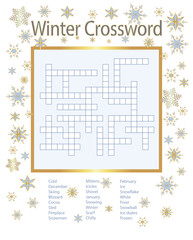Winter Crossword Puzzle with Gold, Light Blue, White Snowflake Pattern