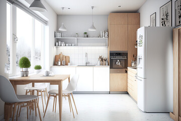 Scandinavian style kitchen with white and wood accents and a minimalist environment. Generative AI