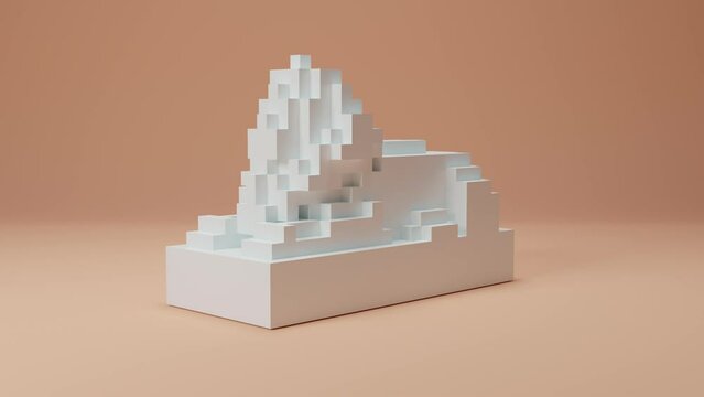 Loop 3d animation of the transformation of a cube into a statue of a Sphinx. The statue is formed from a set of cubes, pixels. The connection between ancient Egyptian art and modern digital art.