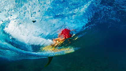 Underwater through the wave view of a woman surfer in red suit surfing the yellow longboard in the Maldives