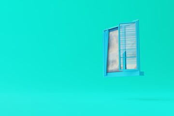 An isolated window against a blue background and with sky as a look. Concept of looking at the world, new day. 3d render