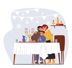 Father, Mother And Kid Celebrating Hanukkah, Jewish Festival Of Lights. Dad And Son Wear Kippah Lighting Menorah
