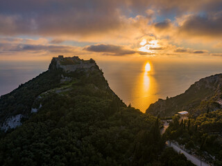 Aerial drone  view of Angelokastro or Castle of Angels, a Byzantine castle on the island of Corfu, Greece.