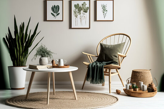 Design wooden chair, round carpet, cup of coffee, tray, stool, slippers, décor, and attractive personal accessories comprise the neutral living room interior. Template. Copy space. Generative AI