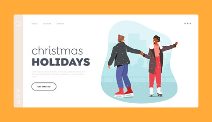 Christmas Holidays Landing Page Template. Male and Female Characters Skating on Ice Rink at Wintertime, Illustration