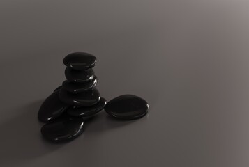 Black massage stones on a dark background. The concept of massaging, realking. SPA and beauty care. 3D render, 3D illustration.