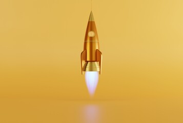 Rocket taking off against a yellow background. Take-off, business concept. Following goals, climbing, getting promoted. 3D render, 3D illustration.