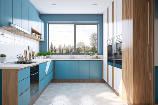 Modern wooden kitchen with wooden accents and a panoramic window, white and blue color scheme, floor view, and minimalist interior design. a floor and wall that reflect light. Generative AI