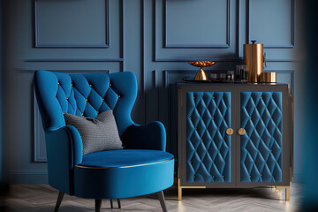 Modern blue furniture in a home's interior; 2020 color of the year Classic Blue;. Generative AI
