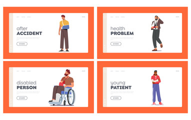 Men with Fracture Landing Page Template Set. Male Characters with Broken Legs and Arms Wear Bandage or Drive Wheelchair