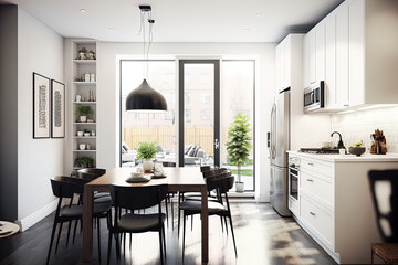 Modern, spotless kitchen that opens to a bright, roomy dining area. Generative AI