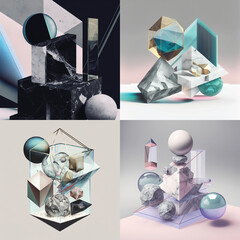 Set of multiple 3D modern minimalist render art of abstract dimensional materials made of glass, marble, and stone with pastel gradient backgrounds; grid of 4