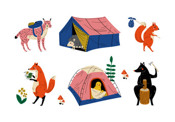 Lynx, squirrel, hedgehog, fox, wolf forest animals hiking on nature set cartoon vector illustration