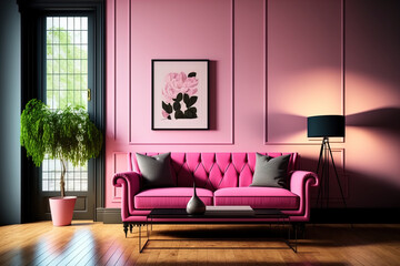 living room interior design with a sofa, table, wood floor, and pink walls. Generative AI