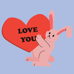 Cute bunny stands and keeps heart with Love you. Kawaii Valentine's day vector illustration, simple flat design, minimalism. Romantic gift, love, relationship 