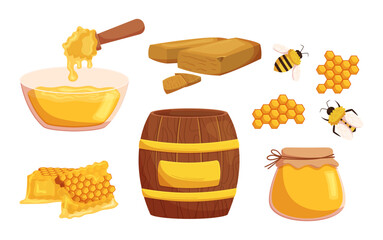 Honey Set. Honeycombs, Bee Insect, Glass Jar And Bowl With Wooden Dipper Spoon, Wax And Barrel Isolated On White