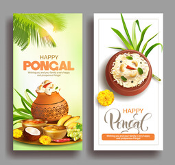 Greeting banners with traditional food and clay pot with rice (ven pongal) for Indian harvest festival Pongal (Makar Sankranti). Vector set.