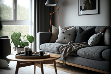 A modern living area featuring a grey fabric sofa, a wooden side table, and a white ceiling lamp. Generative AI