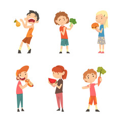 Picky kids refusing vegetables and fruit prefer fast food dishes set cartoon vector illustration