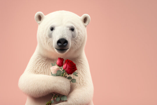 Polar Bear holding Roses, Isolated on Pink Background, Banner for Text, Social Media, Cute Valentine's Day Concept, Generative AI