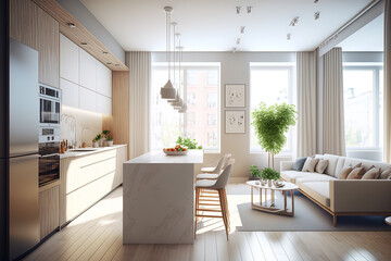 A spacious studio's stylish modern interior design features beige and white colors and large floor to ceiling windows. a play space and a white kitchen with an island. Generative AI