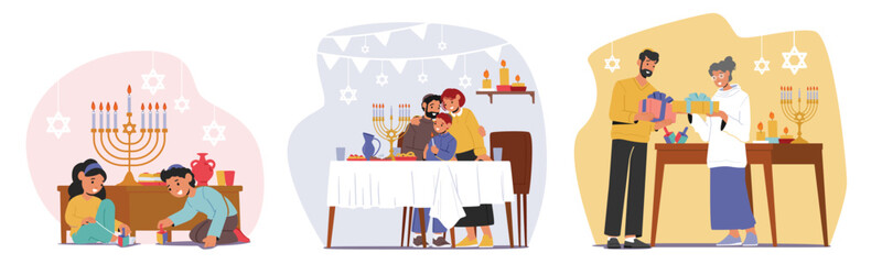 Set Hanukkah Israel Holiday Celebration. Happy Family With Kids Celebrate Jewish Festival Of Lights Vector Illustration