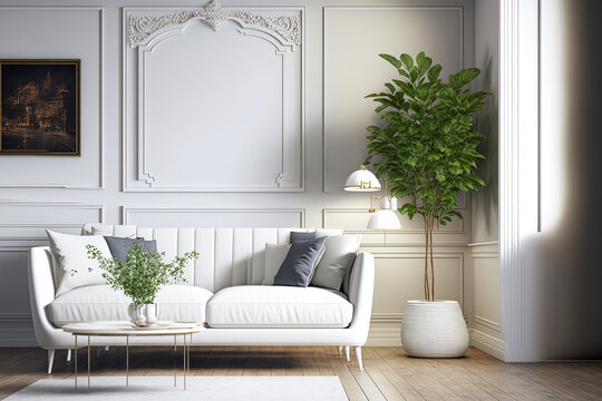 White sofa in contemporary living room. Scandinavian style in decorating. Generative AI © 2rogan