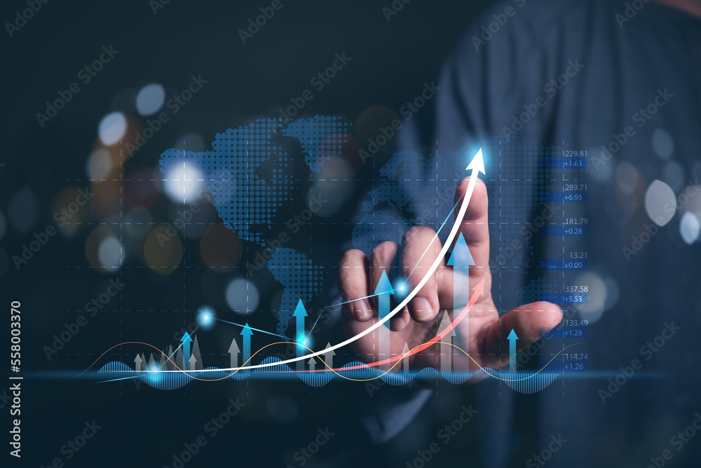 Aufkleber man hand point on business graph target on virtual screen