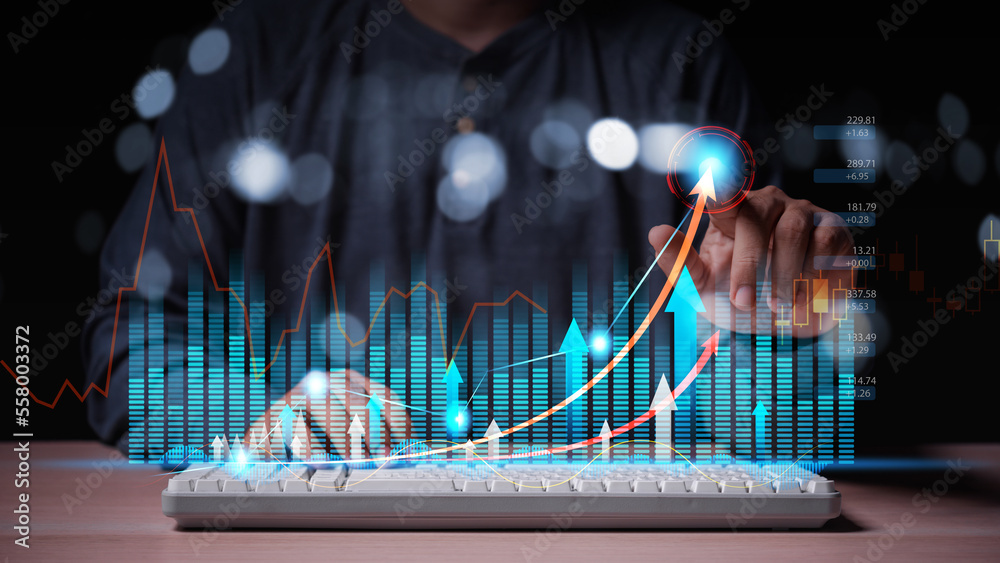 Aufkleber man hand point on business graph target on virtual screen