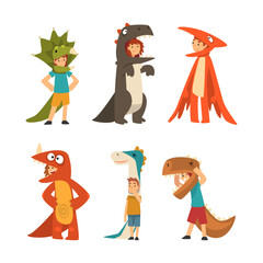 Set of cute kids in costumes of dinosaurs. Boys and girls dressed for carnival party or masquerade cartoon vector illustration
