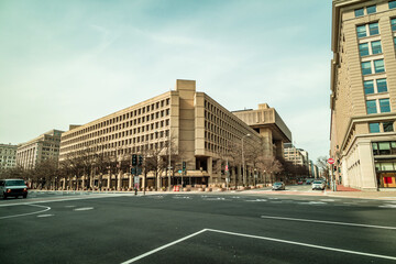 The J. Edgar Hoover Building, headquarters of the Federal Bureau of Investigation (FBI), in Washington, DC, seen from the intersection of Pennsylvania Avenue NW and 9th Street NW.