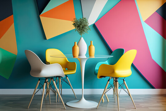 A Contemporary Room Has A Table And Comfortable Chairs Close To A Colorful Wall. Generative AI