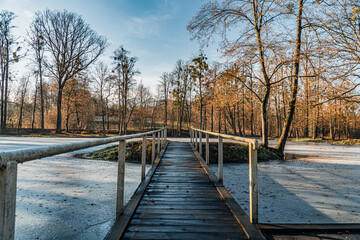 Park pałacowy w Kończycach Wielkich na Śląsku w Polsce zimą