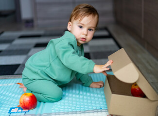 Portrait of a happy little boy with red apples. Kid eating fruit. Healthy nutrition.
