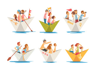Families floating on paper boats set. Team of parents and kids in striped shirts boating on river cartoon vector illustration