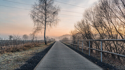 Nowoczesny szlak rowerowy, Żelazny Szlak Rowerowy na Śląsku w Polsce wczesnym rankiem zimą - obrazy, fototapety, plakaty