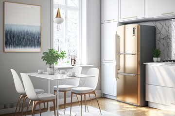 Fototapeta na wymiar A contemporary kitchen's interior features a chic refrigerator, countertops, and dining table. Generative AI