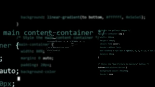 programming web template with css language code on the black background and depth of field blur camera movement zoom 3D