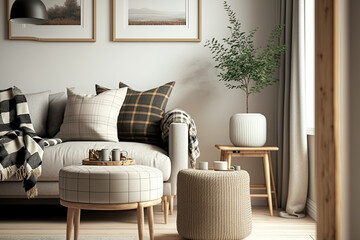 Interior of a contemporary Scandinavian living room featuring a mock up poster frame, a beautiful wooden stool, a teapot, a rattan pouf, plaid, and fine accents. Concept in beige. Elegant interior des