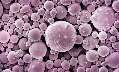 A closeup of powder particles for 3D printing. Photo taken with an electron microscope - obrazy, fototapety, plakaty