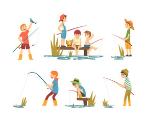 Cute happy boys enjoying fishing set. Boys standing and sitting on river pier with fishing rods cartoon vector illustration