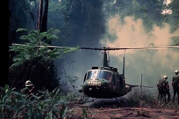 A Helicopter in a Green, Smoky Jungle with Soldiers Around It, generative ai