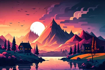 Tuinposter A beautiful and colorful sunset landscape background with huge mountains, a lake, and small houses, generative ai © Dieter Holstein