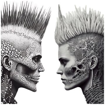 Punk Man And Woman With Mohawk Hairstyle, Black And White Image (Generative AI)