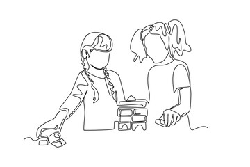 Single one line drawing little girl assembling a jigsaw puzzle together. Team work concept. Continuous line draw design graphic vector illustration.